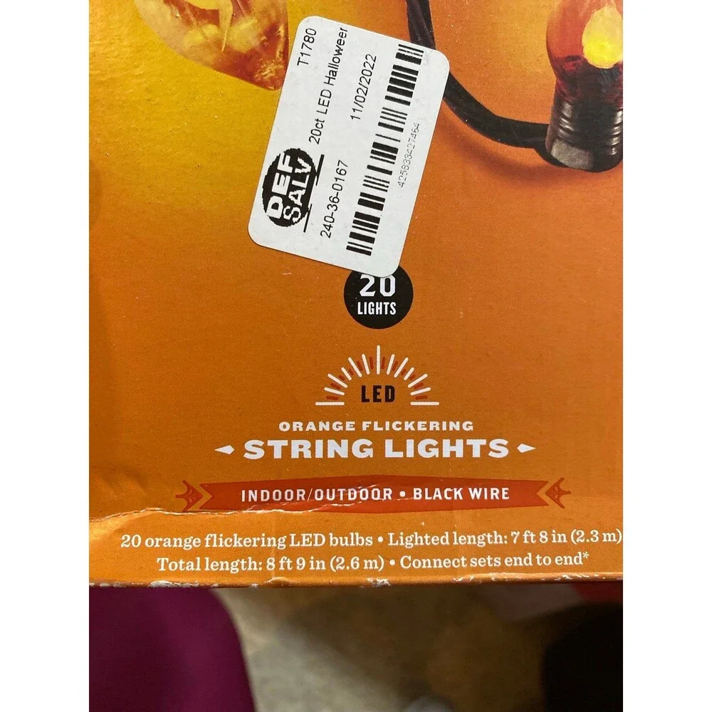 Set of 20 Orange flickering LED String Lights NIB 7ft 8” New in box.